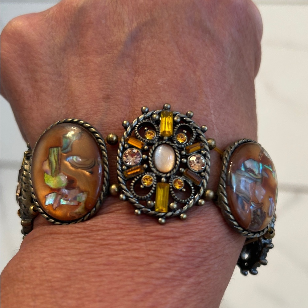 Rare Vintage 1950’s Elegant Abalone and Crystal Women's Bracelet